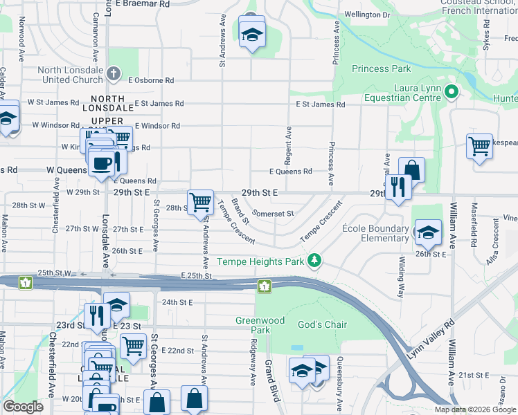 map of restaurants, bars, coffee shops, grocery stores, and more near 404 Somerset Street in North Vancouver