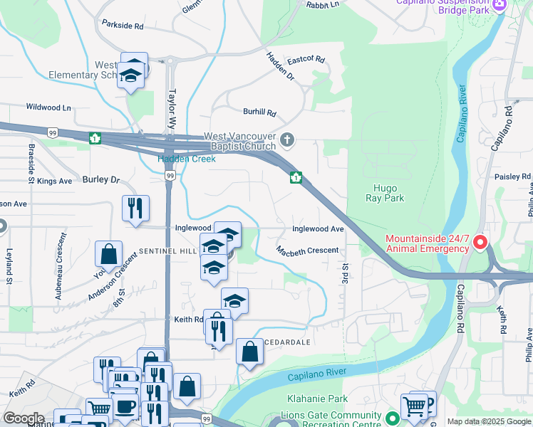 map of restaurants, bars, coffee shops, grocery stores, and more near 440 Newlands Road in West Vancouver