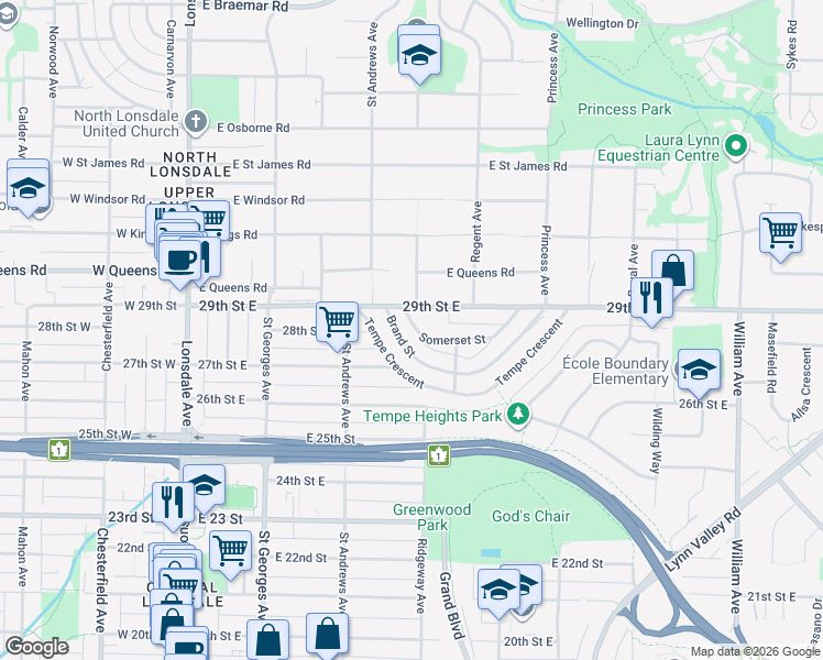 map of restaurants, bars, coffee shops, grocery stores, and more near 35 Somerset Street in North Vancouver