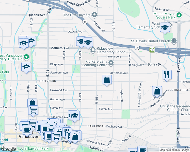 map of restaurants, bars, coffee shops, grocery stores, and more near 1155 12th Street in West Vancouver