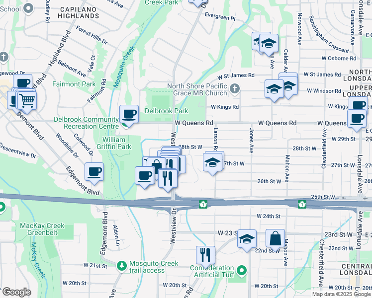 map of restaurants, bars, coffee shops, grocery stores, and more near 561 West 28th Avenue in Vancouver