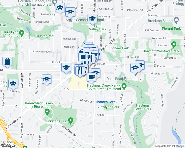 map of restaurants, bars, coffee shops, grocery stores, and more near in North Vancouver