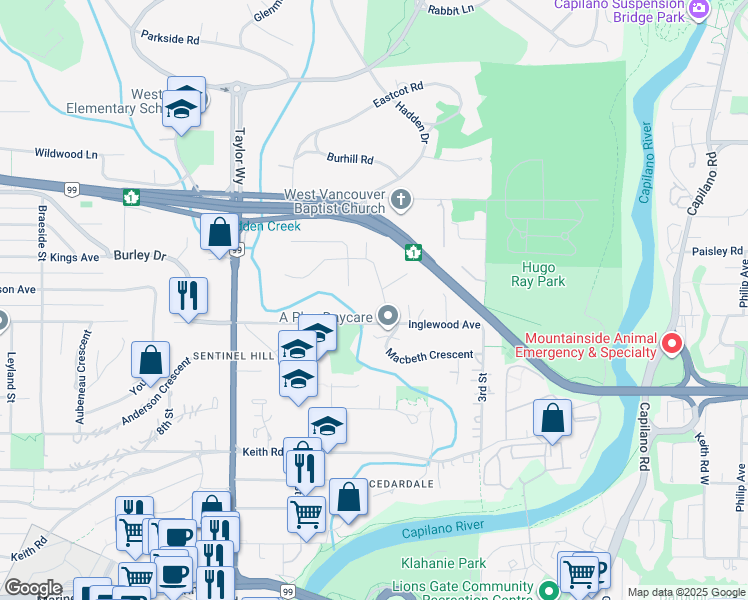 map of restaurants, bars, coffee shops, grocery stores, and more near 440 Newlands Road in West Vancouver