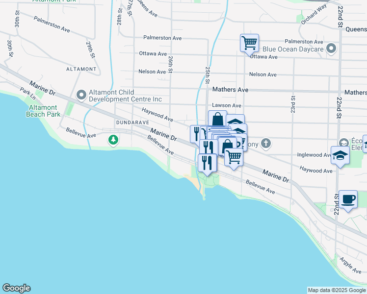 map of restaurants, bars, coffee shops, grocery stores, and more near 2558 Marine Drive in West Vancouver