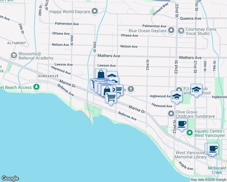 map of restaurants, bars, coffee shops, grocery stores, and more near 2408 Haywood Avenue in West Vancouver