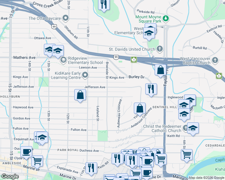 map of restaurants, bars, coffee shops, grocery stores, and more near 974 Jefferson Avenue in West Vancouver
