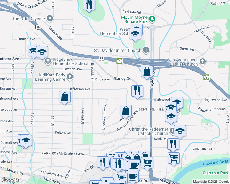map of restaurants, bars, coffee shops, grocery stores, and more near 880 Jefferson Avenue in West Vancouver