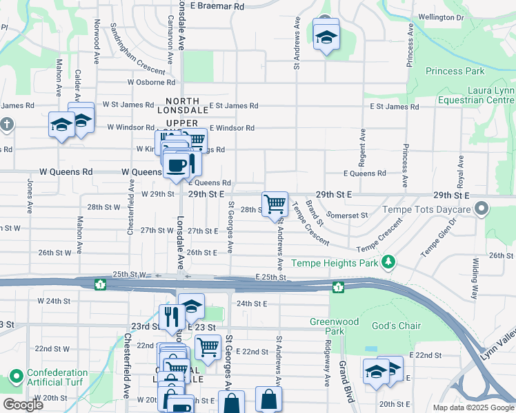 map of restaurants, bars, coffee shops, grocery stores, and more near 238 East 28 Street in North Vancouver