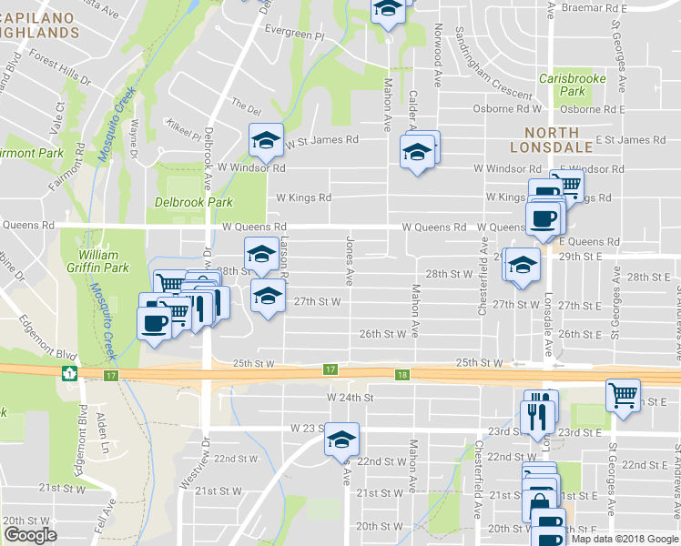 map of restaurants, bars, coffee shops, grocery stores, and more near 408 28th Street West in North Vancouver