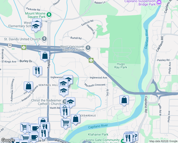 map of restaurants, bars, coffee shops, grocery stores, and more near 435 Inglewood Avenue in West Vancouver