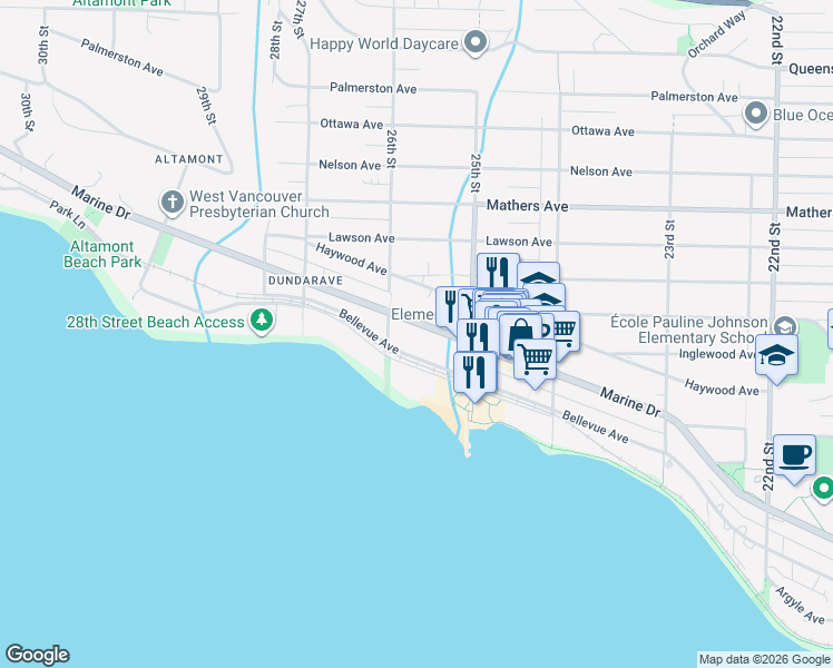 map of restaurants, bars, coffee shops, grocery stores, and more near 2566 Marine Drive in West Vancouver