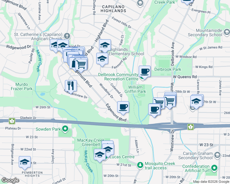 map of restaurants, bars, coffee shops, grocery stores, and more near 2815 Colwood Drive in North Vancouver
