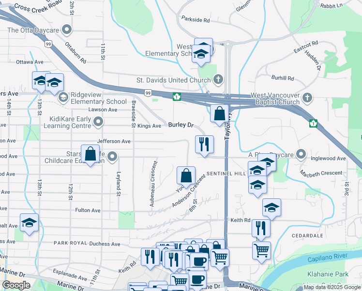 map of restaurants, bars, coffee shops, grocery stores, and more near 850 Jefferson Avenue in West Vancouver