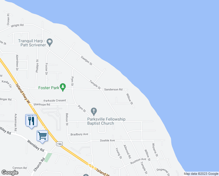 map of restaurants, bars, coffee shops, grocery stores, and more near 661 Sanderson Road in Parksville