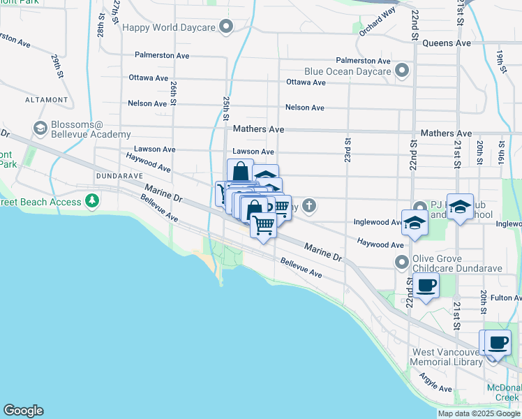 map of restaurants, bars, coffee shops, grocery stores, and more near 2412 Haywood Avenue in West Vancouver