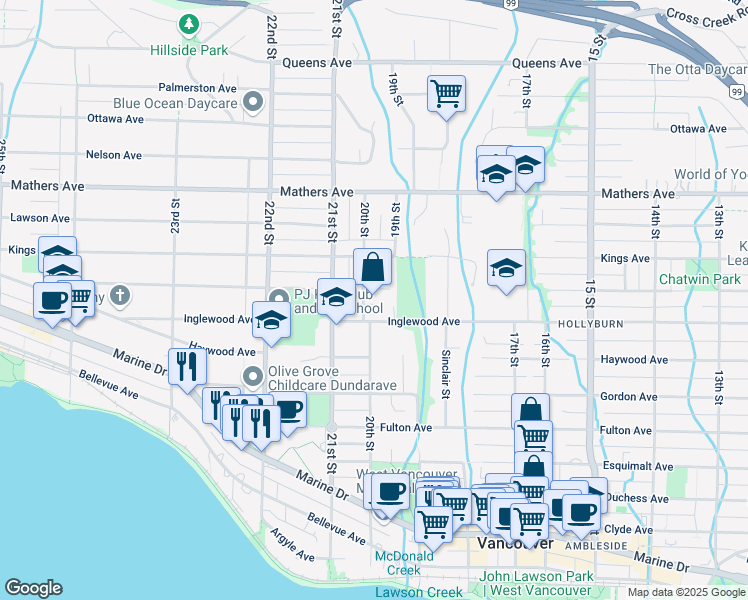 map of restaurants, bars, coffee shops, grocery stores, and more near 1180 20th Street West in North Vancouver