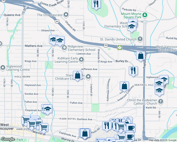 map of restaurants, bars, coffee shops, grocery stores, and more near 1066 Jefferson Avenue in West Vancouver