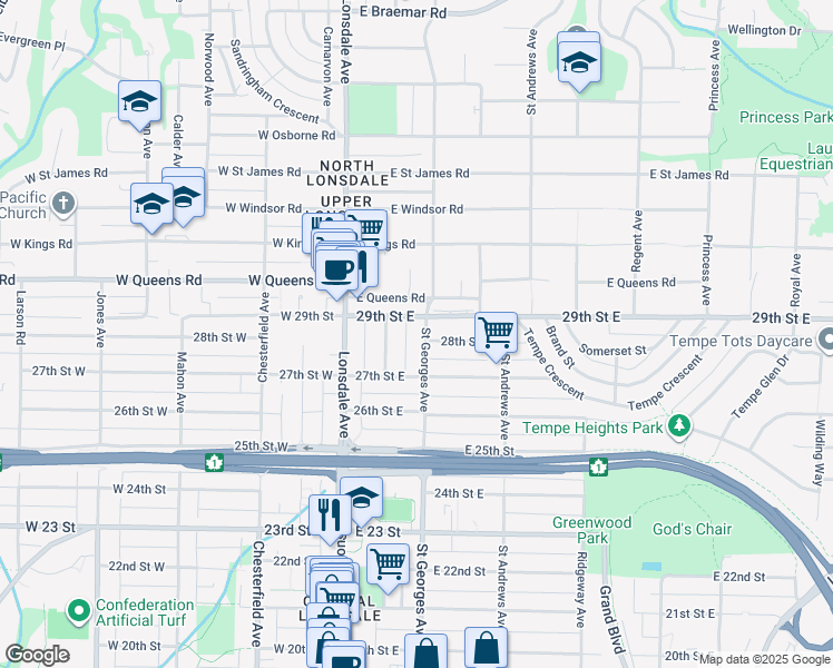 map of restaurants, bars, coffee shops, grocery stores, and more near 2809 Saint Georges Avenue in North Vancouver