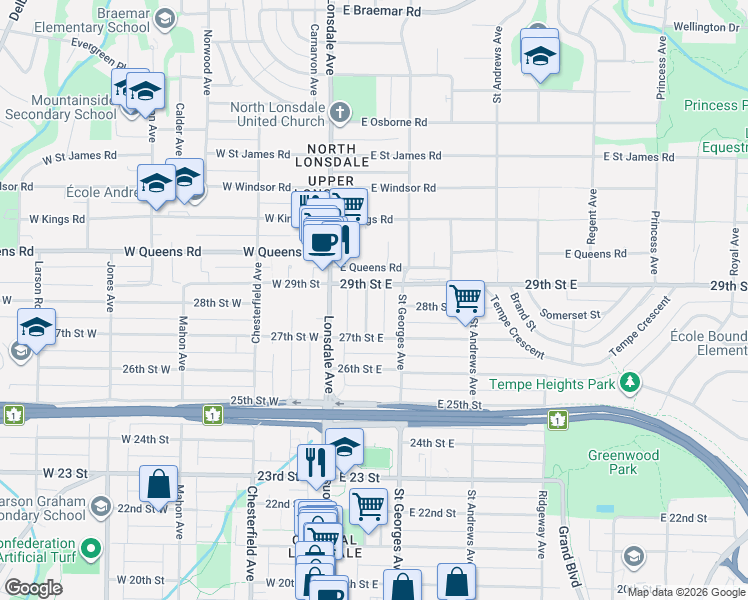 map of restaurants, bars, coffee shops, grocery stores, and more near 2808 Eastern Avenue in North Vancouver
