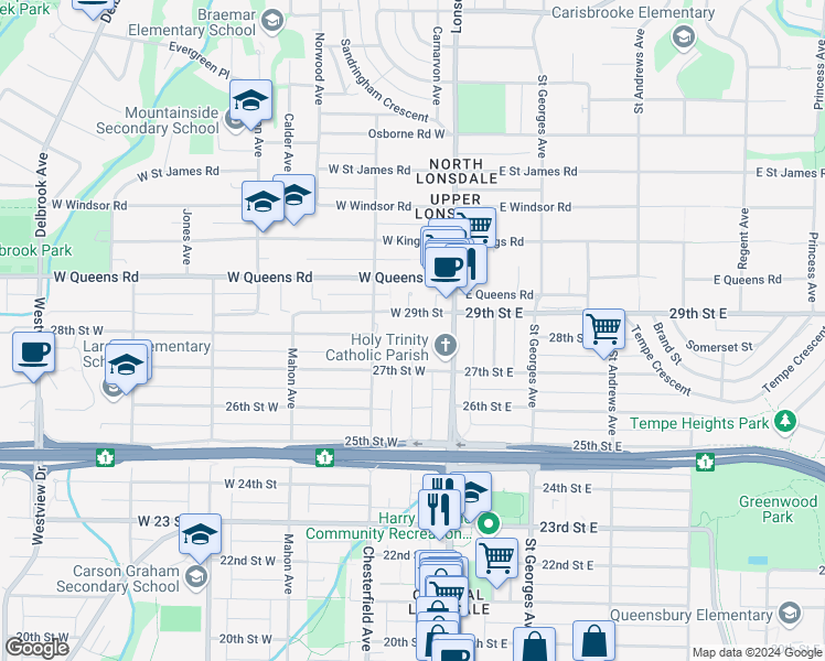 map of restaurants, bars, coffee shops, grocery stores, and more near 2745 Western Avenue in North Vancouver