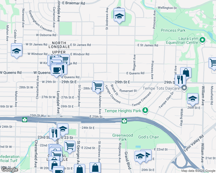 map of restaurants, bars, coffee shops, grocery stores, and more near 324 Tempe Crescent in North Vancouver