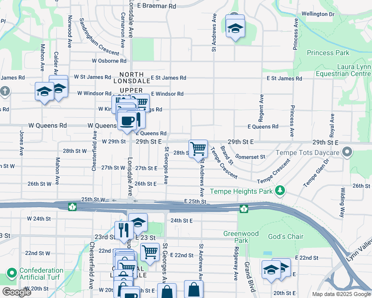 map of restaurants, bars, coffee shops, grocery stores, and more near 238 East 28 Street in North Vancouver