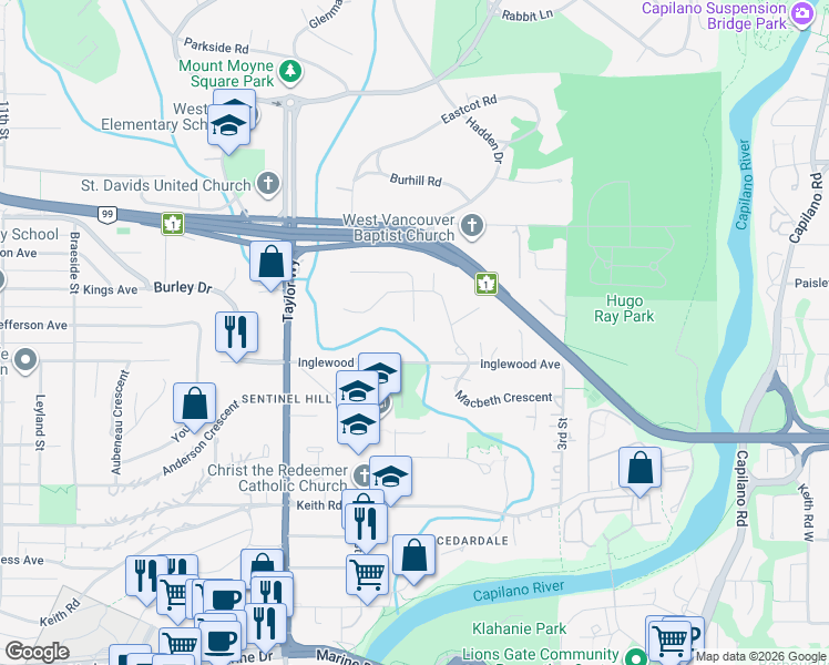 map of restaurants, bars, coffee shops, grocery stores, and more near 526 Newdale Place in West Vancouver