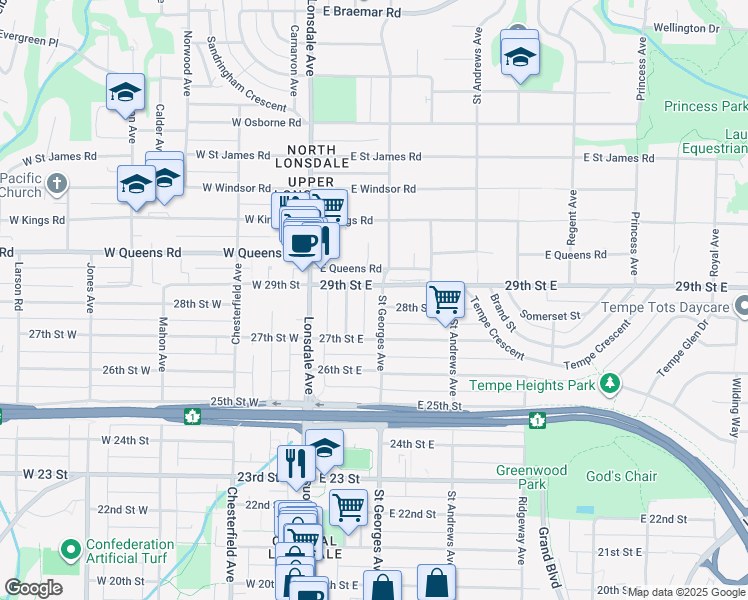 map of restaurants, bars, coffee shops, grocery stores, and more near 2809 Saint Georges Avenue in North Vancouver