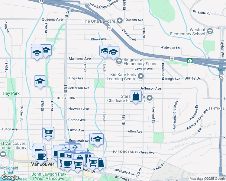 map of restaurants, bars, coffee shops, grocery stores, and more near 1258 Jefferson Avenue in West Vancouver