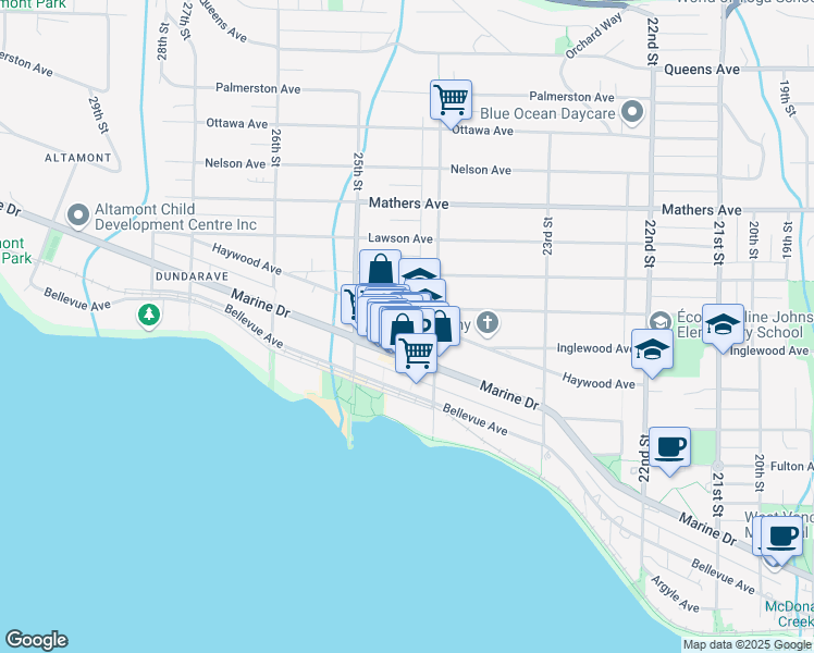 map of restaurants, bars, coffee shops, grocery stores, and more near 2432 Haywood Avenue in West Vancouver