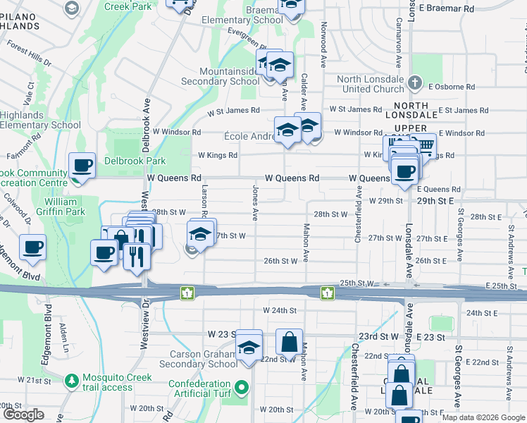 map of restaurants, bars, coffee shops, grocery stores, and more near 356 28th Street West in North Vancouver