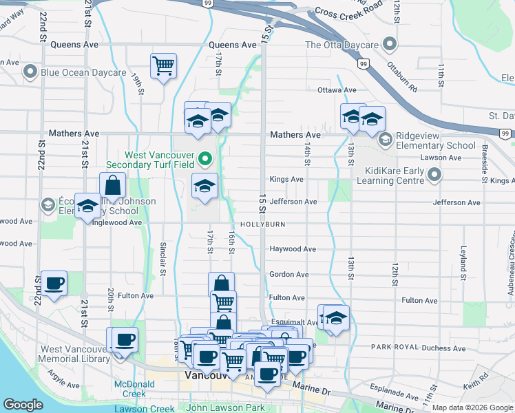 map of restaurants, bars, coffee shops, grocery stores, and more near 1510 Jefferson Avenue in West Vancouver