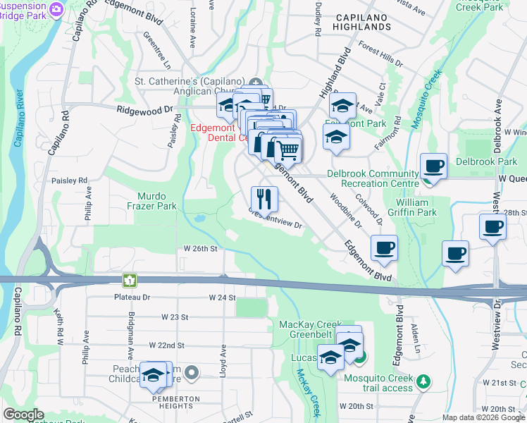 map of restaurants, bars, coffee shops, grocery stores, and more near 2784 Crescentview Drive in North Vancouver