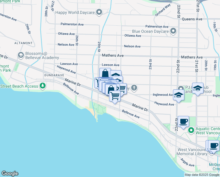 map of restaurants, bars, coffee shops, grocery stores, and more near 2440 Haywood Avenue in West Vancouver