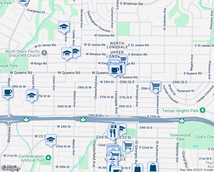 map of restaurants, bars, coffee shops, grocery stores, and more near 121B West 29th Street in North Vancouver
