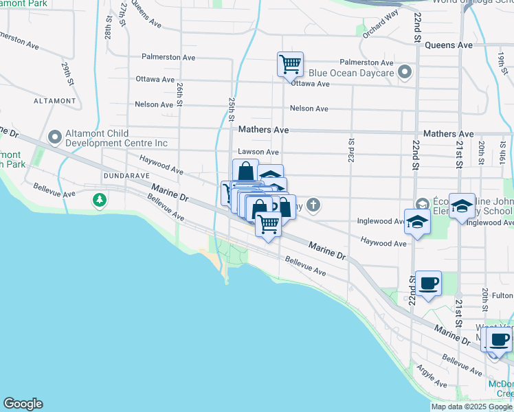 map of restaurants, bars, coffee shops, grocery stores, and more near 2440 Haywood Avenue in West Vancouver