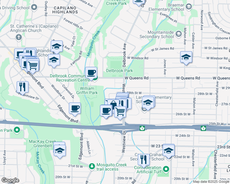 map of restaurants, bars, coffee shops, grocery stores, and more near 934 Westview Crescent in North Vancouver