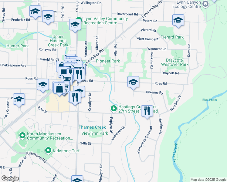 map of restaurants, bars, coffee shops, grocery stores, and more near 2901 Allan Road in North Vancouver
