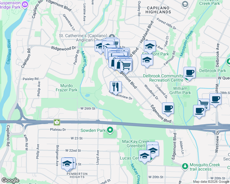 map of restaurants, bars, coffee shops, grocery stores, and more near 2784 Crescentview Drive in North Vancouver