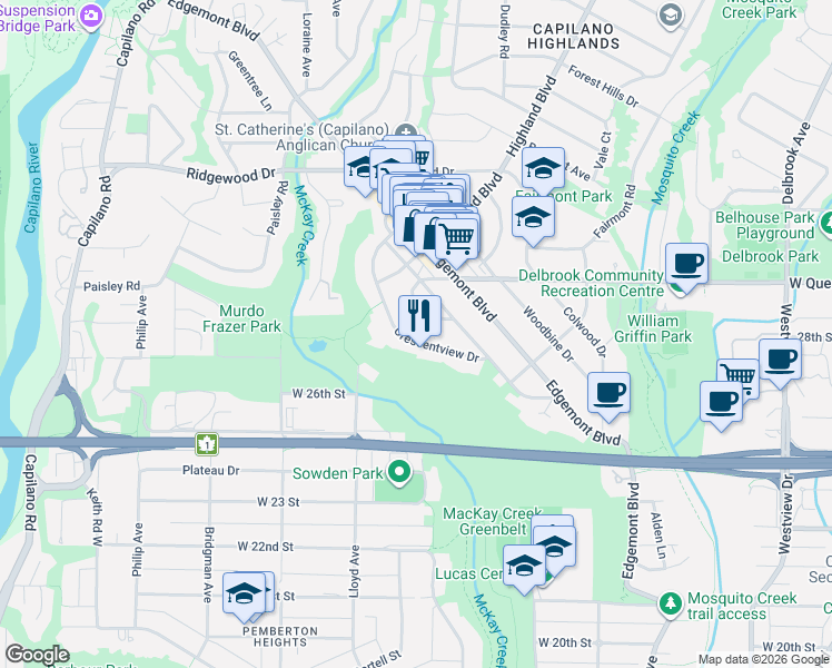 map of restaurants, bars, coffee shops, grocery stores, and more near 2784 Crescentview Drive in North Vancouver