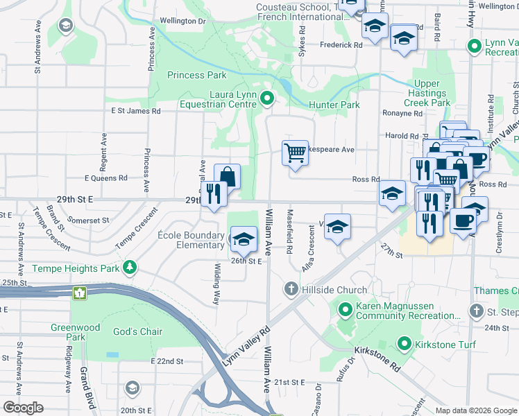 map of restaurants, bars, coffee shops, grocery stores, and more near 2845 William Avenue in North Vancouver