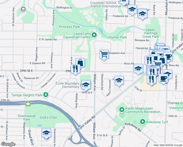 map of restaurants, bars, coffee shops, grocery stores, and more near 2845 William Avenue in North Vancouver