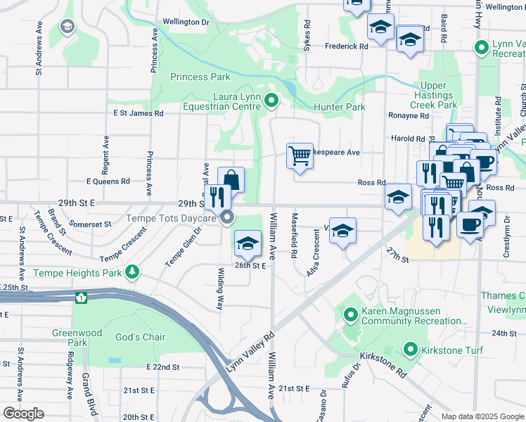 map of restaurants, bars, coffee shops, grocery stores, and more near 815 29th Street East in North Vancouver