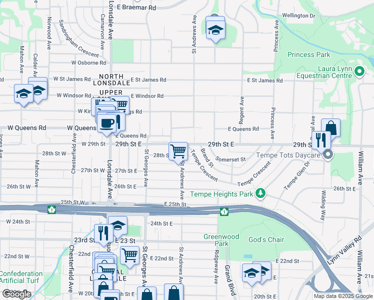 map of restaurants, bars, coffee shops, grocery stores, and more near 309 Tempe Crescent in North Vancouver