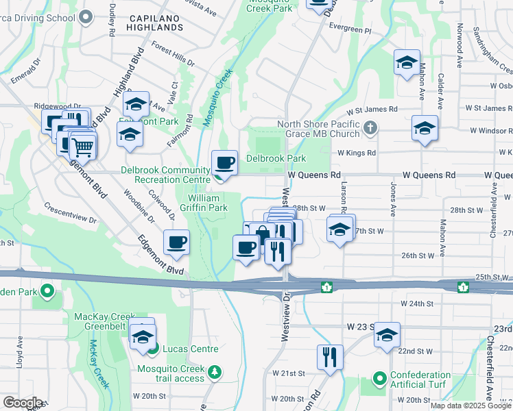 map of restaurants, bars, coffee shops, grocery stores, and more near 879 Westview Crescent in North Vancouver