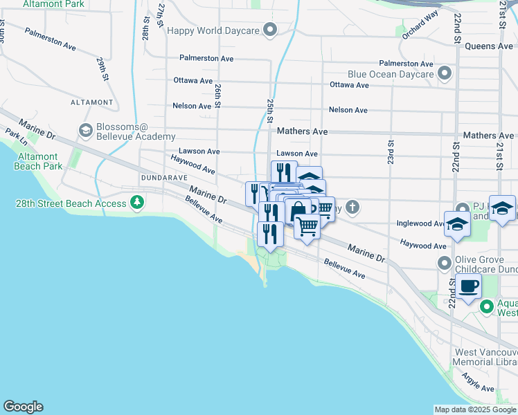 map of restaurants, bars, coffee shops, grocery stores, and more near 2517 Southwest Marine Drive in Vancouver