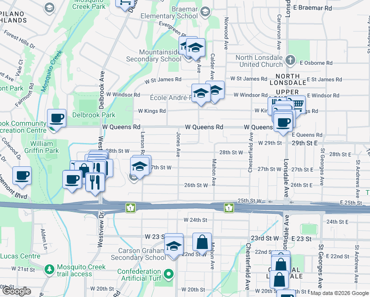 map of restaurants, bars, coffee shops, grocery stores, and more near 359 28th Street West in North Vancouver