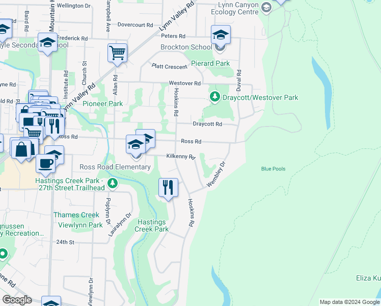 map of restaurants, bars, coffee shops, grocery stores, and more near 1724 Kilkenny Road in North Vancouver