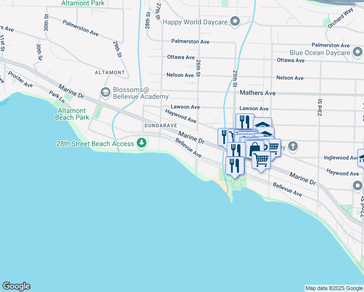 map of restaurants, bars, coffee shops, grocery stores, and more near 2642 Bellevue Avenue in West Vancouver