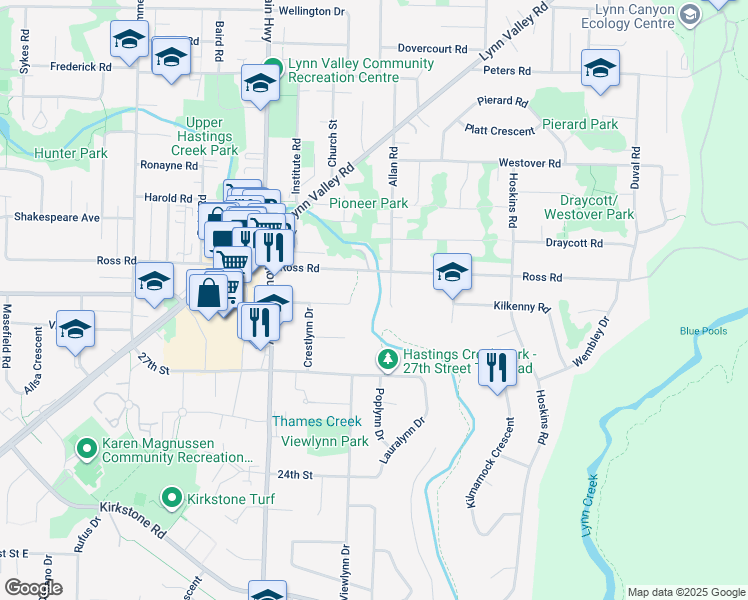 map of restaurants, bars, coffee shops, grocery stores, and more near 2901 Allan Road in North Vancouver